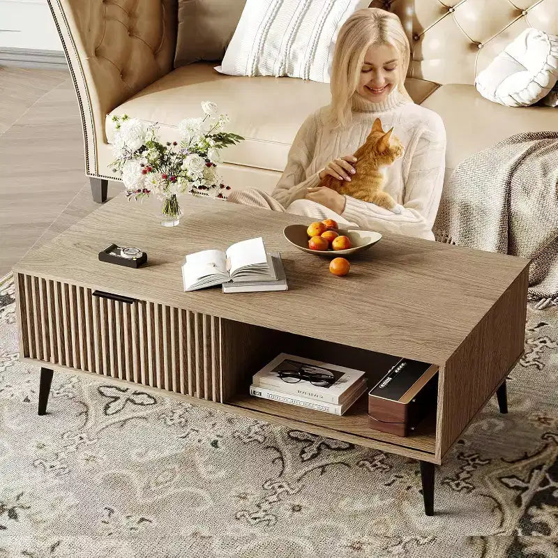 Tavolino da Salotto, Tavolino da Caffè in Legno con Mobile Contenitore, Design a Due Livelli, Anta Scorrevole