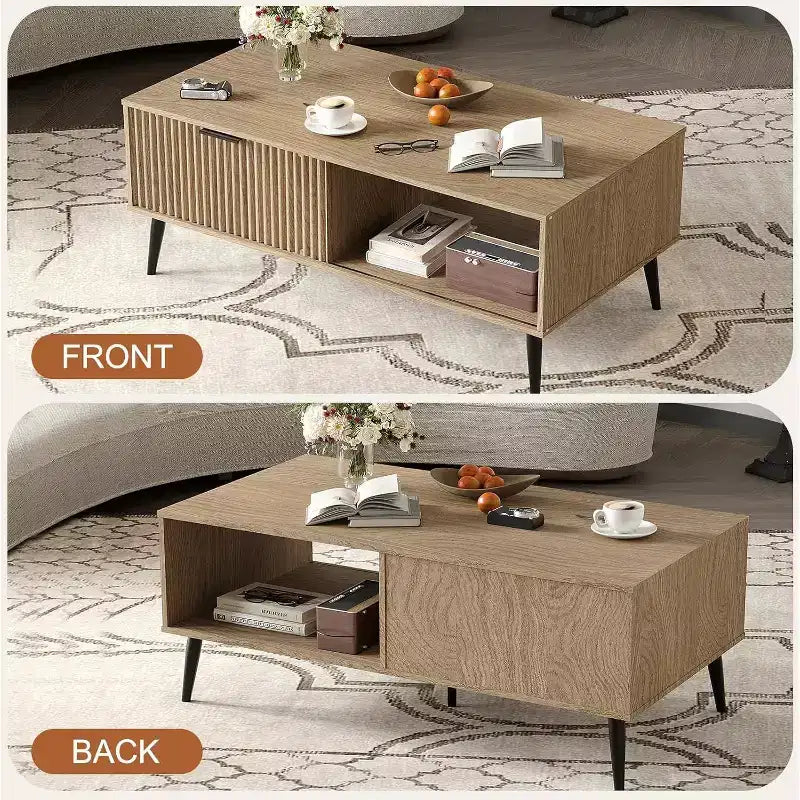 Tavolino da Salotto, Tavolino da Caffè in Legno con Mobile Contenitore, Design a Due Livelli, Anta Scorrevole
