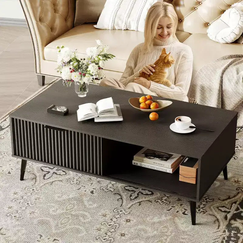 Tavolino da Salotto, Tavolino da Caffè in Legno con Mobile Contenitore, Design a Due Livelli, Anta Scorrevole