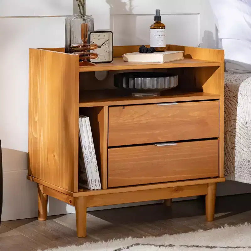 Comodino con 2 cassetti in legno massello stile Mid-Century Modern - Caramello