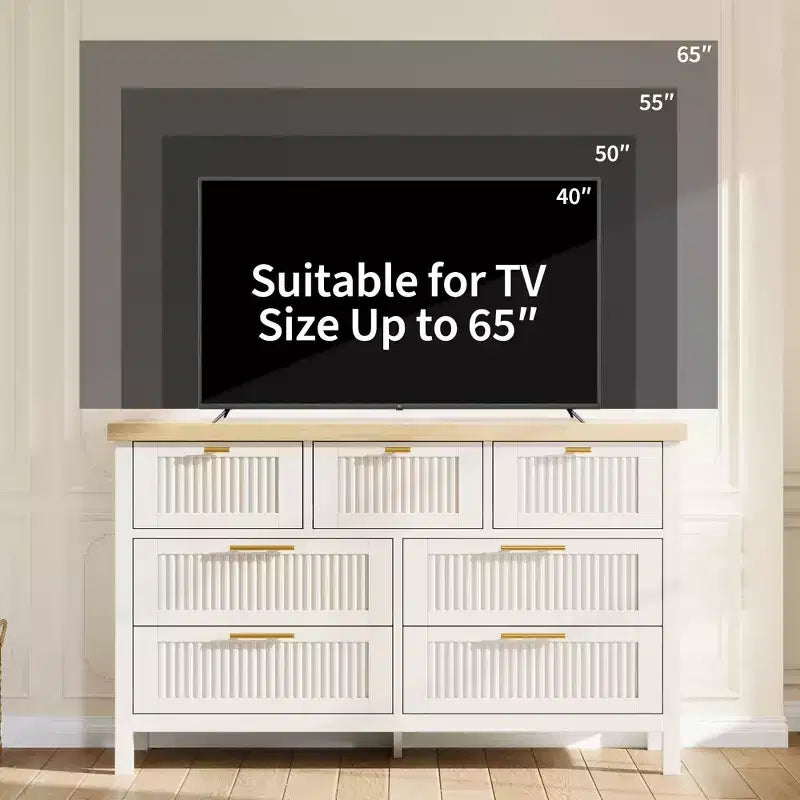 COZONY Comò scanalato per camera da letto, cassettiera in legno larga 120 cm con 7 ampi cassetti, mobile comò moderno e porta TV per soggiorno