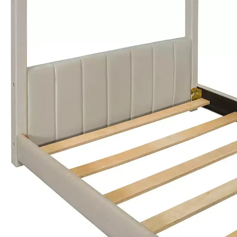 Letto a Casetta per Bambini Matrimoniale/Una Piazza e Mezza, con Testiera e Pediera in Velluto Trapuntato, Struttura a Casetta con Tetto, Beige