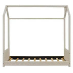 Letto a Casetta per Bambini Matrimoniale/Una Piazza e Mezza, con Testiera e Pediera in Velluto Trapuntato, Struttura a Casetta con Tetto, Beige