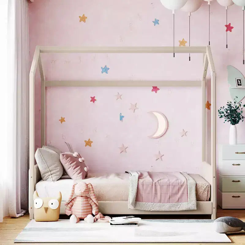 Letto a Casetta per Bambini Matrimoniale/Una Piazza e Mezza, con Testiera e Pediera in Velluto Trapuntato, Struttura a Casetta con Tetto, Beige