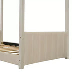 Letto a Casetta per Bambini Matrimoniale/Una Piazza e Mezza, con Testiera e Pediera in Velluto Trapuntato, Struttura a Casetta con Tetto, Beige