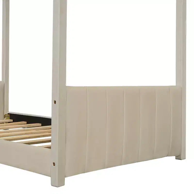Letto a Casetta per Bambini Matrimoniale/Una Piazza e Mezza, con Testiera e Pediera in Velluto Trapuntato, Struttura a Casetta con Tetto, Beige