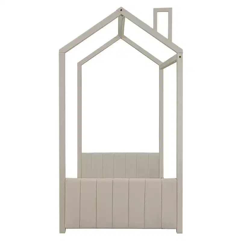 Letto a Casetta per Bambini Matrimoniale/Una Piazza e Mezza, con Testiera e Pediera in Velluto Trapuntato, Struttura a Casetta con Tetto, Beige