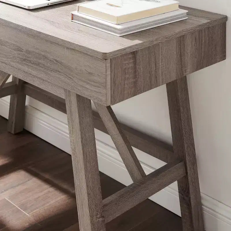 HomeStock Scrivanie per computer in legno di acacia nero alte 75 cm con cassetto portadocumenti