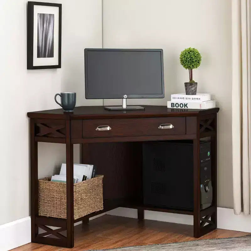 HomeStock Scrivanie per Computer in Legno di Acacia Marrone H 73,66 cm con Cassetto per Archiviazione