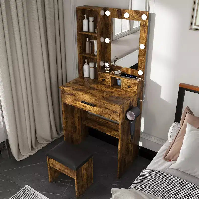 Tocador con specchio e luci LED regolabili, presa di corrente, supporto per asciugacapelli e sgabello Scrivania compatta per piccole camere da letto (Vintage)
