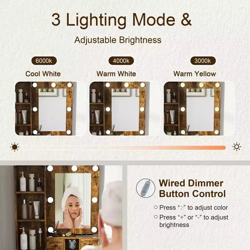 Tocador con specchio e luci LED regolabili, presa di corrente, supporto per asciugacapelli e sgabello Scrivania compatta per piccole camere da letto (Vintage)