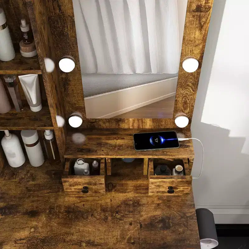 Tocador con specchio e luci LED regolabili, presa di corrente, supporto per asciugacapelli e sgabello Scrivania compatta per piccole camere da letto (Vintage)