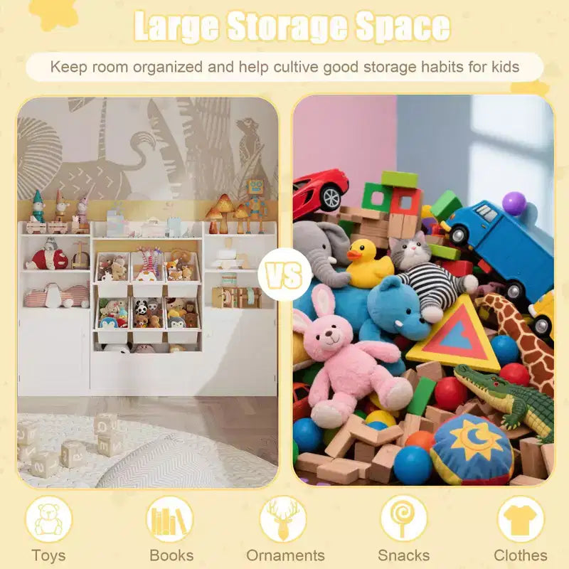 Mobiletto Organizer Portaoggetti per Bambini con 6 Contenitori, Libreria Mobiletto Portaoggetti per Bambini con Cassetto e Anta, Scaffale per Libri per Bambini per Sala Giochi e Aula