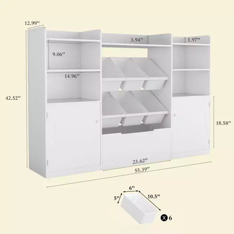 Mobiletto Organizer Portaoggetti per Bambini con 6 Contenitori, Libreria Mobiletto Portaoggetti per Bambini con Cassetto e Anta, Scaffale per Libri per Bambini per Sala Giochi e Aula