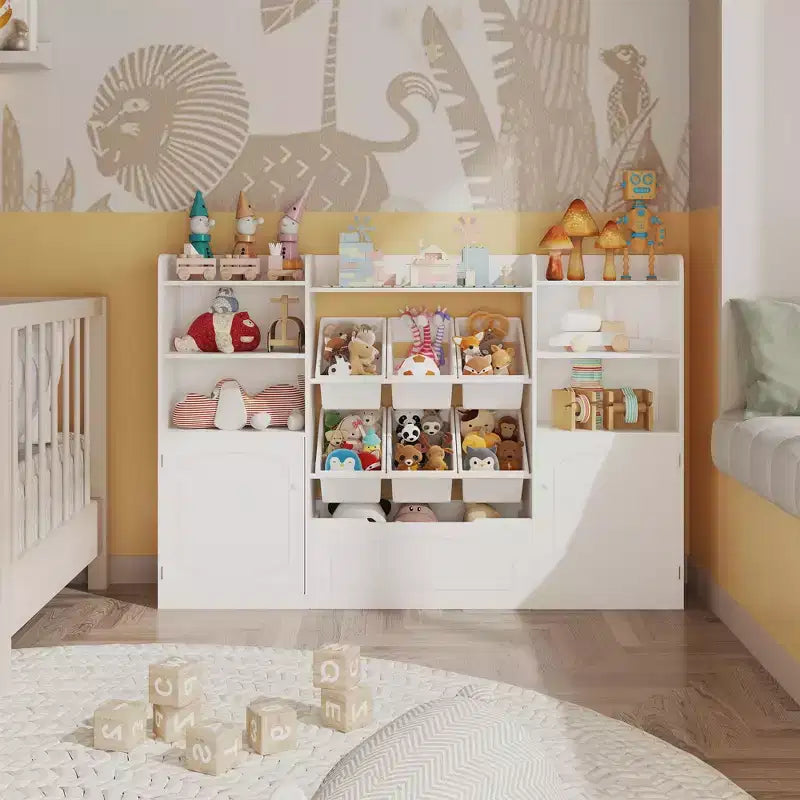 Mobiletto Organizer Portaoggetti per Bambini con 6 Contenitori, Libreria Mobiletto Portaoggetti per Bambini con Cassetto e Anta, Scaffale per Libri per Bambini per Sala Giochi e Aula