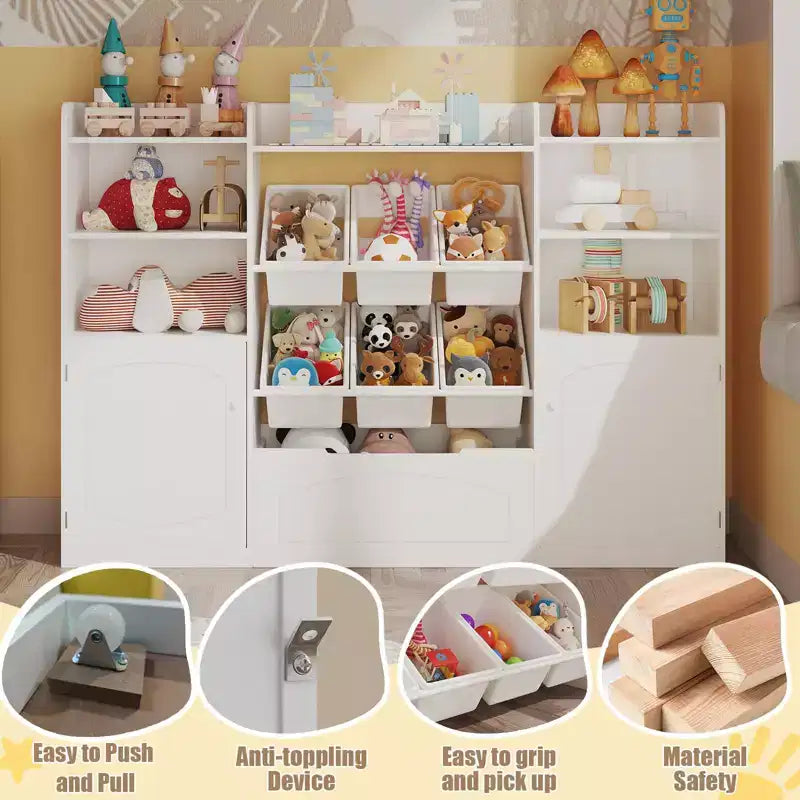 Mobiletto Organizer Portaoggetti per Bambini con 6 Contenitori, Libreria Mobiletto Portaoggetti per Bambini con Cassetto e Anta, Scaffale per Libri per Bambini per Sala Giochi e Aula