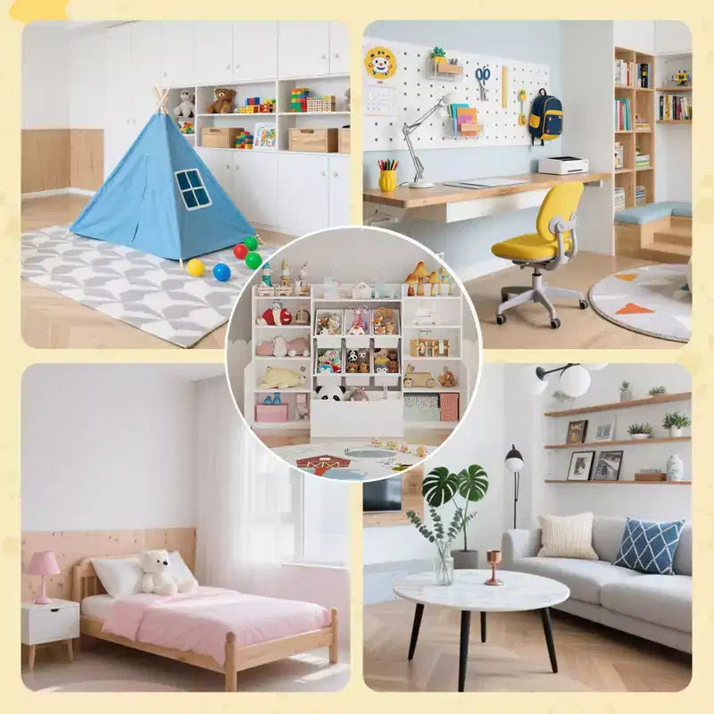 Mobiletto Organizer Portaoggetti per Bambini con 6 Contenitori, Libreria Mobiletto Portaoggetti per Bambini con Cassetto e Anta, Scaffale per Libri per Bambini per Sala Giochi e Aula