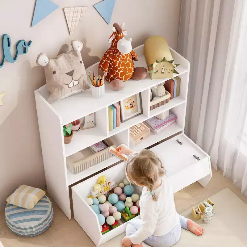 Organizzatore portaoggetti con cassetti mobili, Libreria per bambini con ruote nascoste e 5 ripiani a giorno, Cassettiera mobile contenitore multifunzionale per la stanza dei giochi