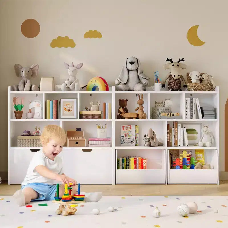 Organizzatore portaoggetti con cassetti mobili, Libreria per bambini con ruote nascoste e 5 ripiani a giorno, Cassettiera mobile contenitore multifunzionale per la stanza dei giochi