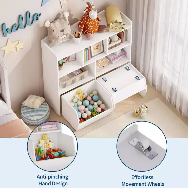 Organizzatore portaoggetti con cassetti mobili, Libreria per bambini con ruote nascoste e 5 ripiani a giorno, Cassettiera mobile contenitore multifunzionale per la stanza dei giochi