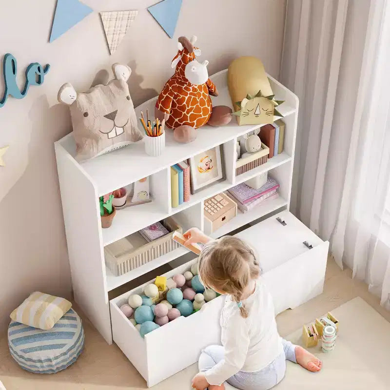 Organizzatore portaoggetti con cassetti mobili, Libreria per bambini con ruote nascoste e 5 ripiani a giorno, Cassettiera mobile contenitore multifunzionale per la stanza dei giochi