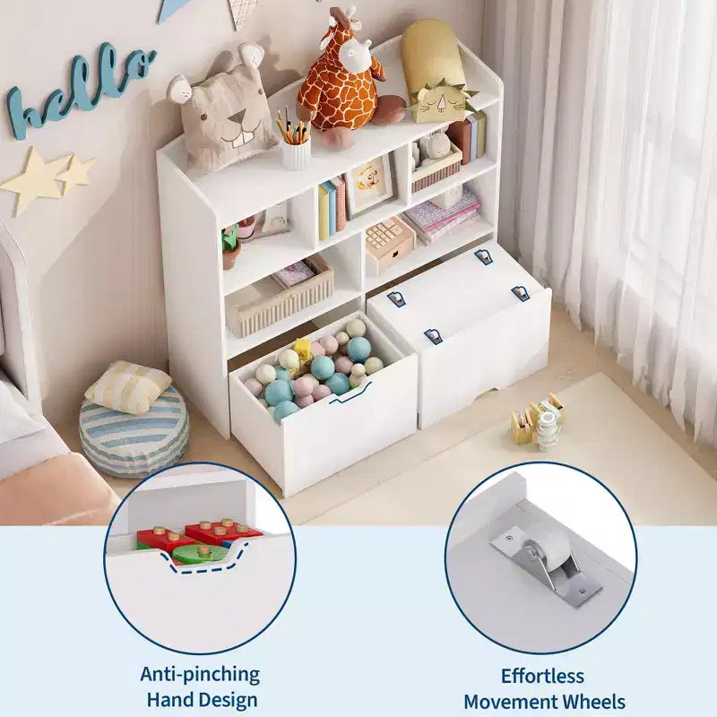 Organizzatore portaoggetti con cassetti mobili, Libreria per bambini con ruote nascoste e 5 ripiani a giorno, Cassettiera mobile contenitore multifunzionale per la stanza dei giochi
