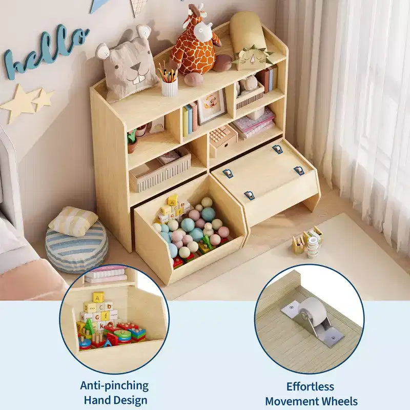 Organizzatore portaoggetti con cassetti mobili, Libreria per bambini con ruote nascoste e 5 ripiani a giorno, Cassettiera mobile contenitore multifunzionale per la stanza dei giochi