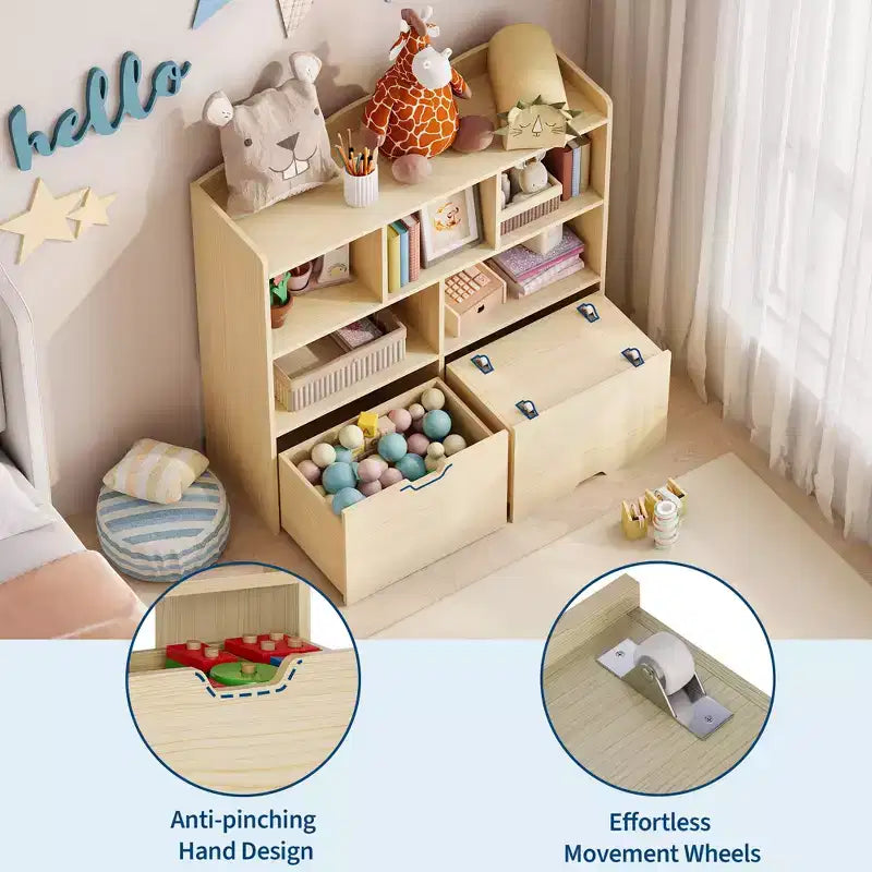 Organizzatore portaoggetti con cassetti mobili, Libreria per bambini con ruote nascoste e 5 ripiani a giorno, Cassettiera mobile contenitore multifunzionale per la stanza dei giochi