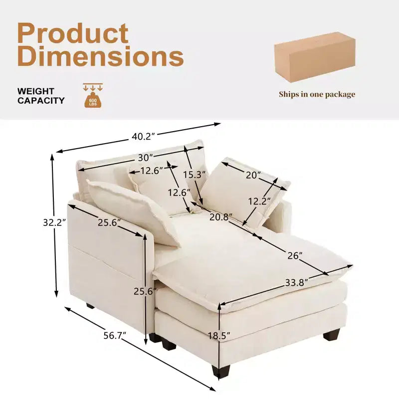 Divano moderno in velluto a coste Furniliving, divano letto da 100 cm con 3 cuscini decorativi, seduta singola con pouf