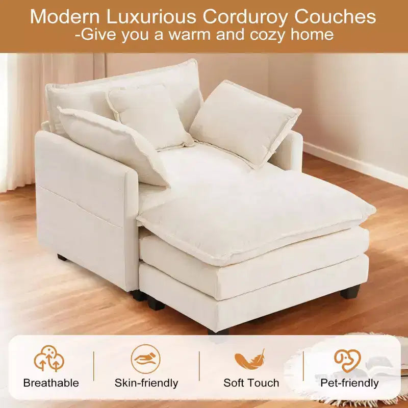 Divano moderno in velluto a coste Furniliving, divano letto da 100 cm con 3 cuscini decorativi, seduta singola con pouf