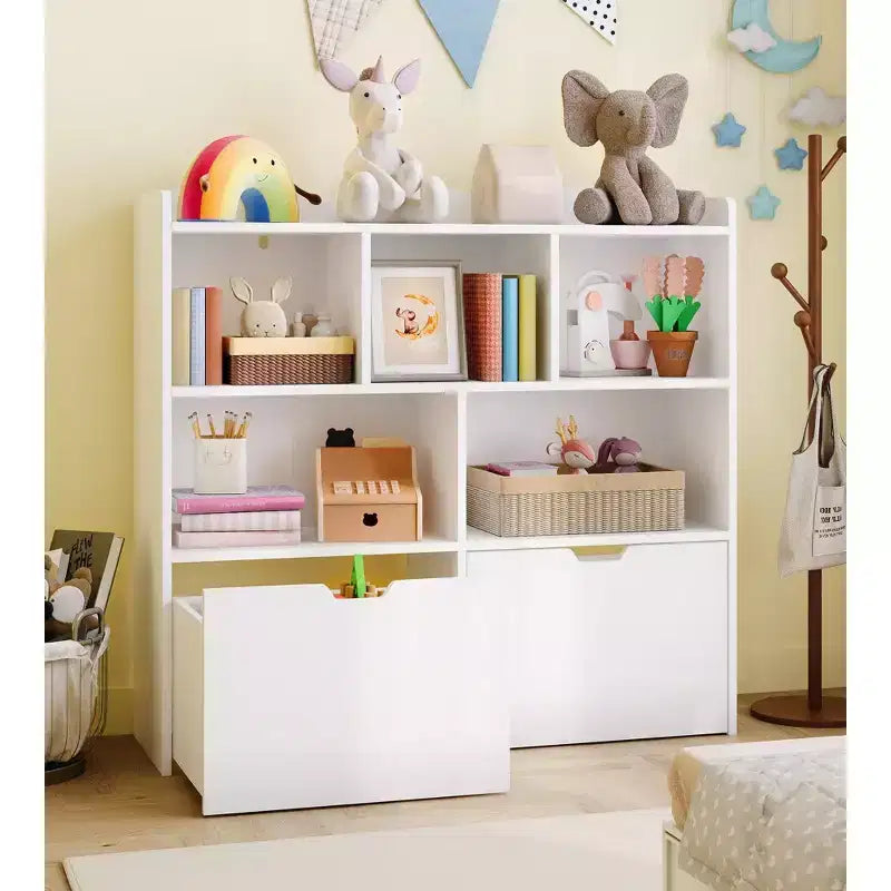 COZONY Mobile Contenitore per Bambini, Scaffale con 5 Scomparti e 2 Cassetti, Cassettiera per Sala Giochi, Camera da Letto, Ingresso, Aula o Asilo Nido