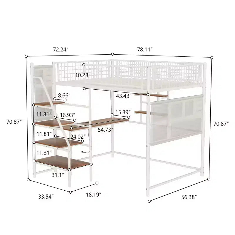 Bellemave Letto a soppalco in metallo full size con bianco per camera da letto e dormitorio, con stazione di ricarica integrata, Adatto per adolescenti, bianco