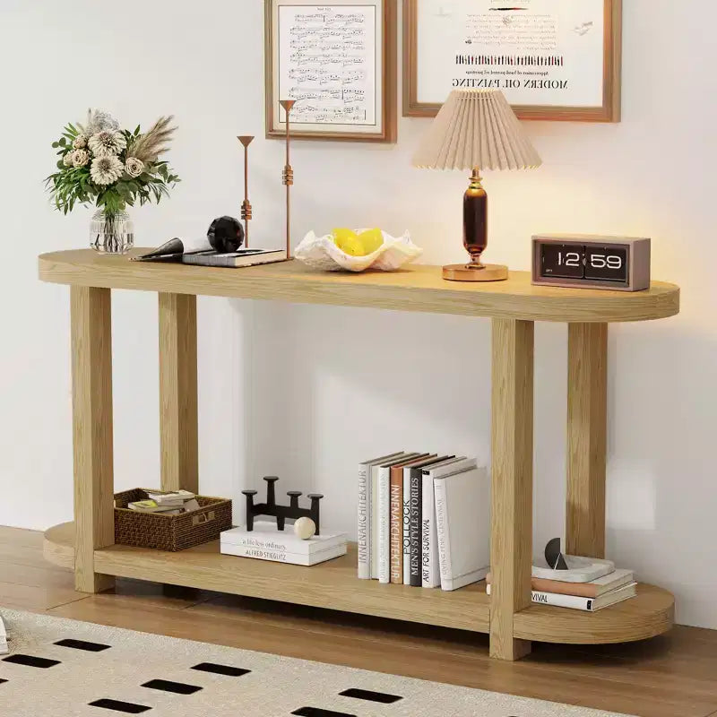 Tavolo Consolle Stretto in Legno con Ripiani, Tavolo da Ingresso Minimalista con Design Affusolato per Corridoio e Ingresso