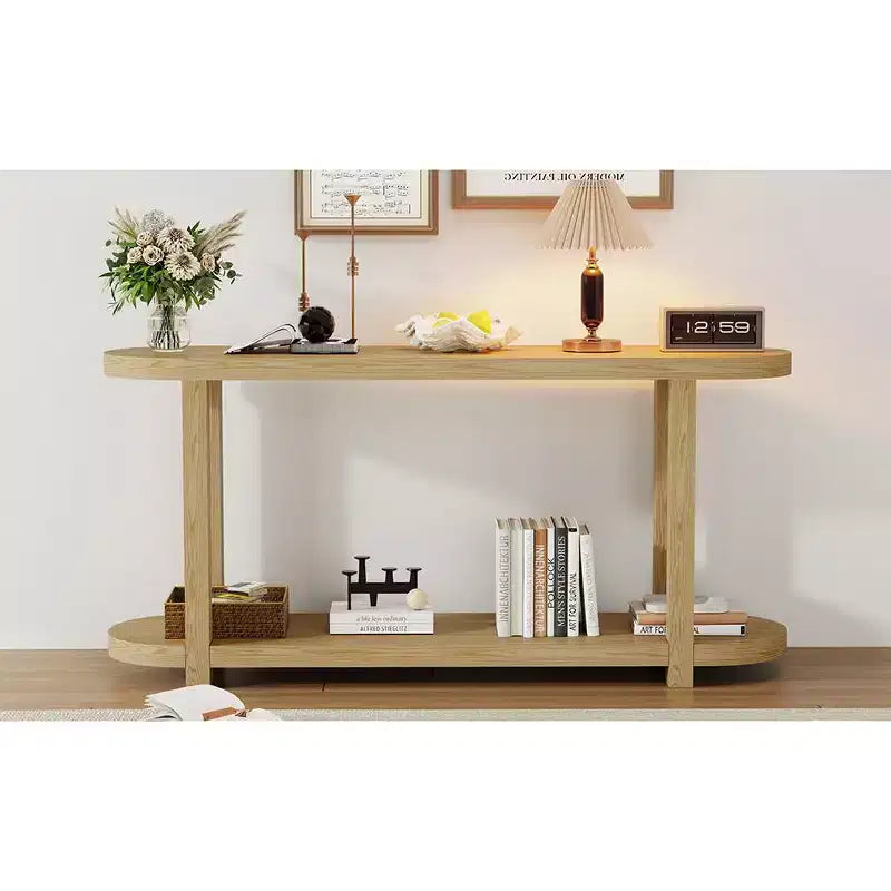Tavolo Consolle Stretto in Legno con Ripiani, Tavolo da Ingresso Minimalista con Design Affusolato per Corridoio e Ingresso