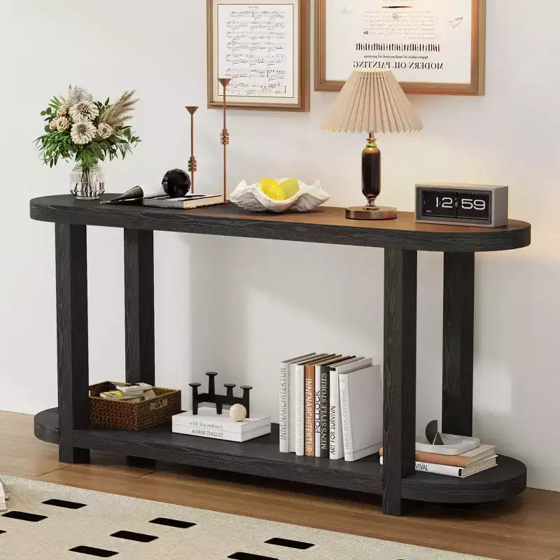 Tavolo Consolle Stretto in Legno con Ripiani, Tavolo da Ingresso Minimalista con Design Affusolato per Corridoio e Ingresso