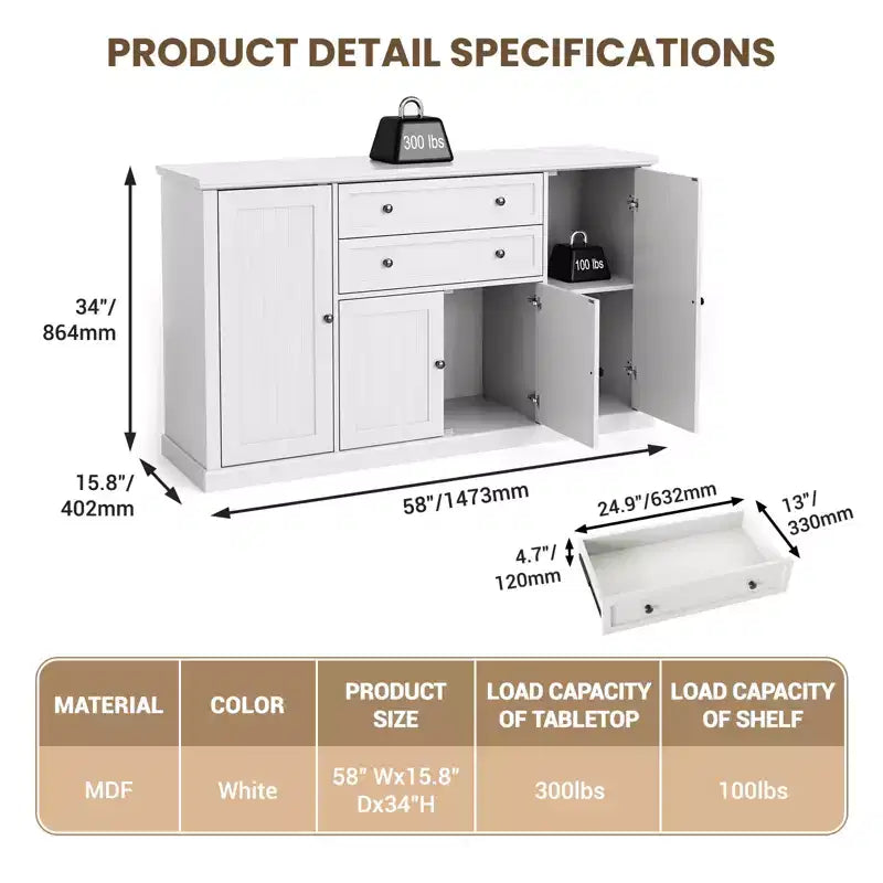 Credenza a buffet da fattoria 58 con mobiletto, mobiletto con 2 cassetti e 4 ante a granaio scanalate, mobiletto da caffè in legno