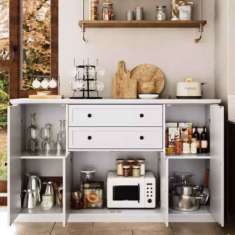 Credenza a buffet da fattoria 58 con mobiletto, mobiletto con 2 cassetti e 4 ante a granaio scanalate, mobiletto da caffè in legno