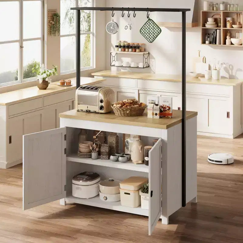Isola Cucina con Contenitore 106,68 cm - Carrello Cucina Resistente, Isola Cucina Mobile con 2 Ripiani e 5 Ganci, Piano di Lavoro in Legno Massello per Piccoli Spazi