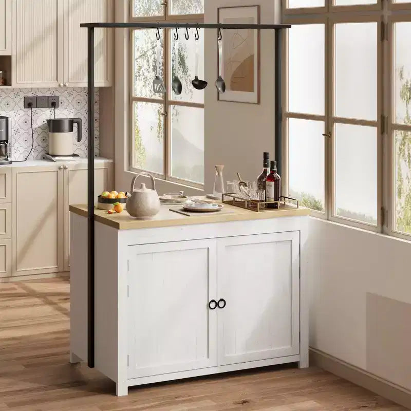 Isola Cucina con Contenitore 106,68 cm - Carrello Cucina Resistente, Isola Cucina Mobile con 2 Ripiani e 5 Ganci, Piano di Lavoro in Legno Massello per Piccoli Spazi