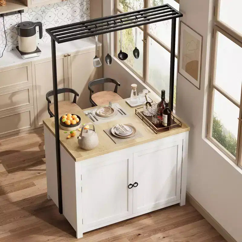 Isola Cucina con Contenitore 106,68 cm - Carrello Cucina Resistente, Isola Cucina Mobile con 2 Ripiani e 5 Ganci, Piano di Lavoro in Legno Massello per Piccoli Spazi