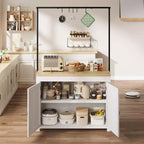 Isola Cucina con Contenitore 106,68 cm - Carrello Cucina Resistente, Isola Cucina Mobile con 2 Ripiani e 5 Ganci, Piano di Lavoro in Legno Massello per Piccoli Spazi
