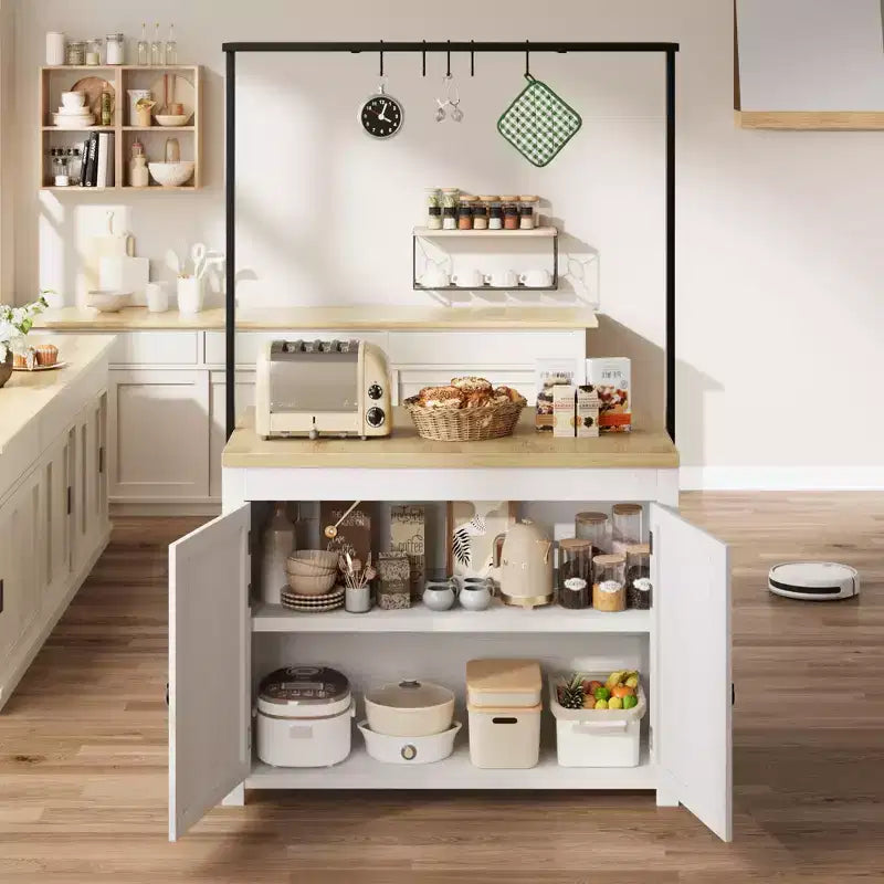Isola Cucina con Contenitore 106,68 cm - Carrello Cucina Resistente, Isola Cucina Mobile con 2 Ripiani e 5 Ganci, Piano di Lavoro in Legno Massello per Piccoli Spazi