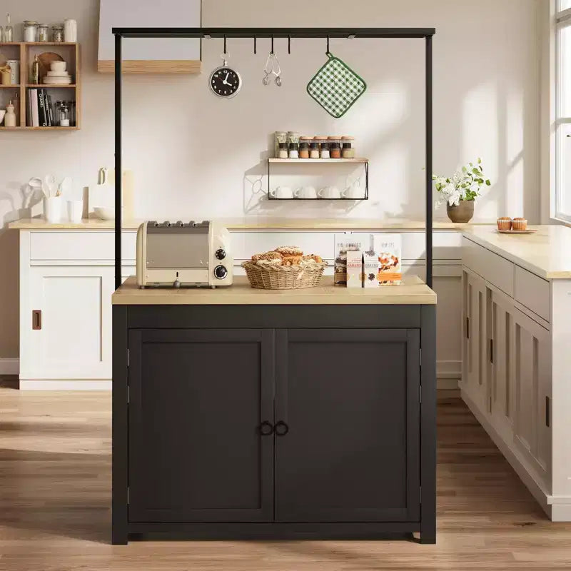 Isola Cucina con Contenitore 106,68 cm - Carrello Cucina Resistente, Isola Cucina Mobile con 2 Ripiani e 5 Ganci, Piano di Lavoro in Legno Massello per Piccoli Spazi