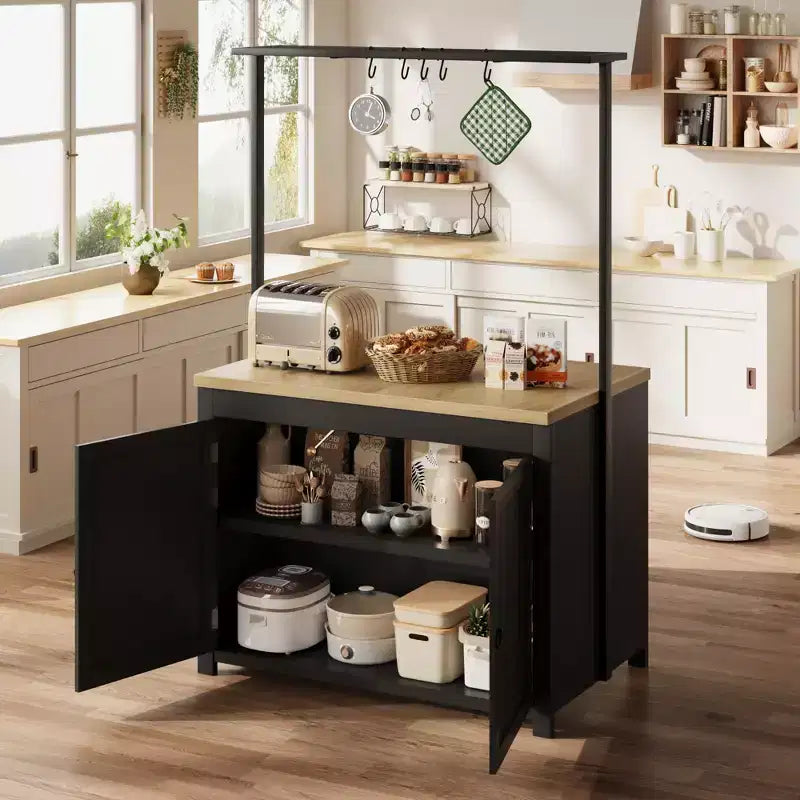 Isola Cucina con Contenitore 106,68 cm - Carrello Cucina Resistente, Isola Cucina Mobile con 2 Ripiani e 5 Ganci, Piano di Lavoro in Legno Massello per Piccoli Spazi