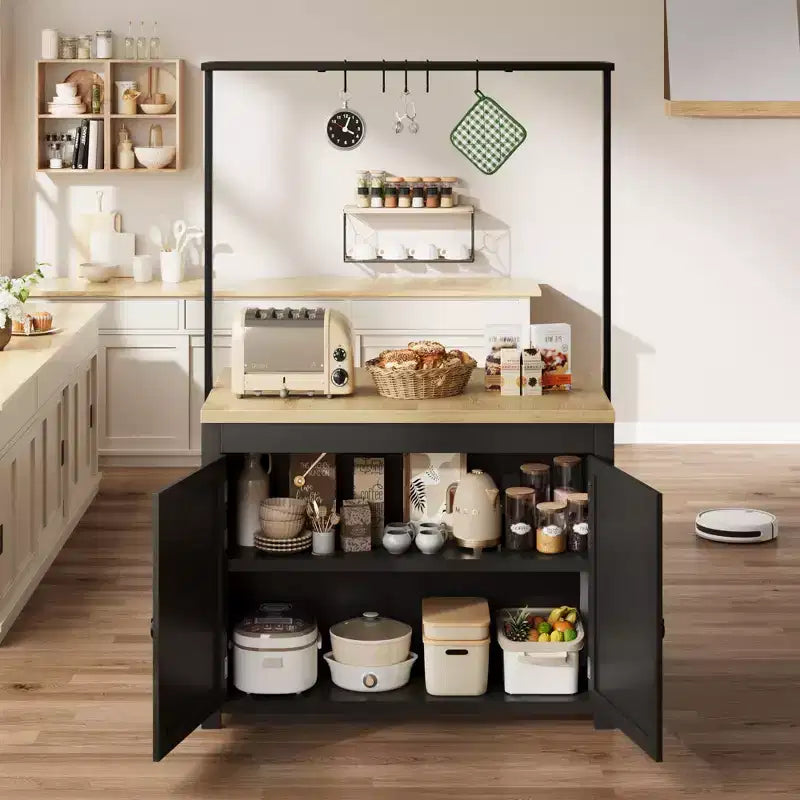Isola Cucina con Contenitore 106,68 cm - Carrello Cucina Resistente, Isola Cucina Mobile con 2 Ripiani e 5 Ganci, Piano di Lavoro in Legno Massello per Piccoli Spazi