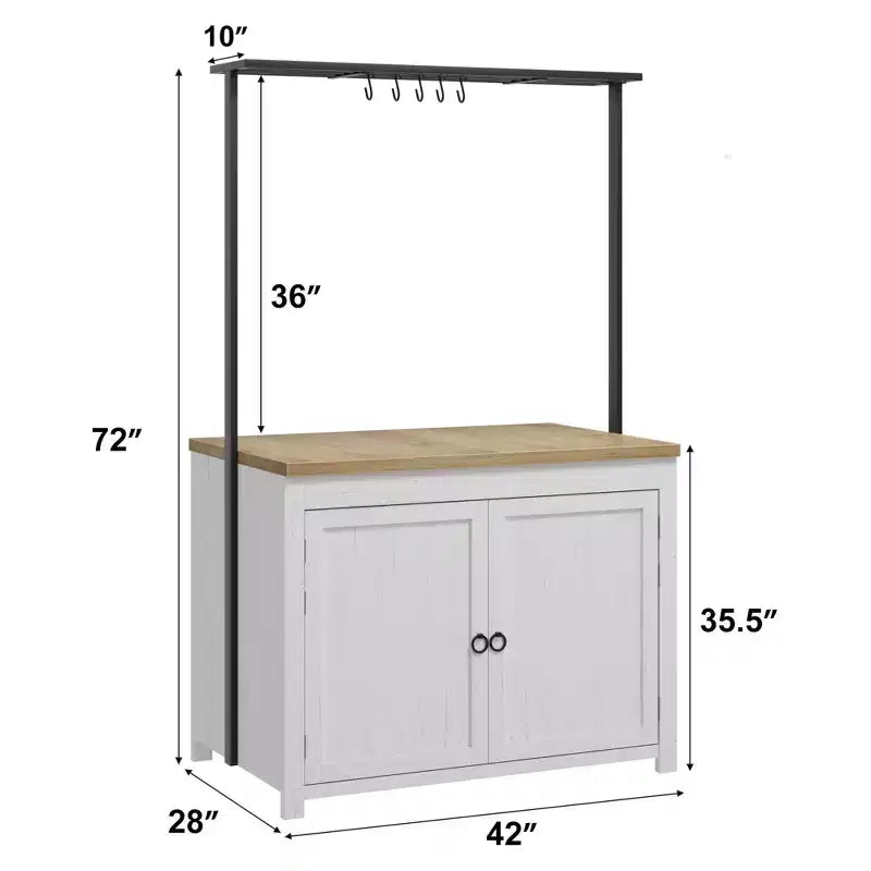 Isola Cucina con Contenitore 106,68 cm - Carrello Cucina Resistente, Isola Cucina Mobile con 2 Ripiani e 5 Ganci, Piano di Lavoro in Legno Massello per Piccoli Spazi