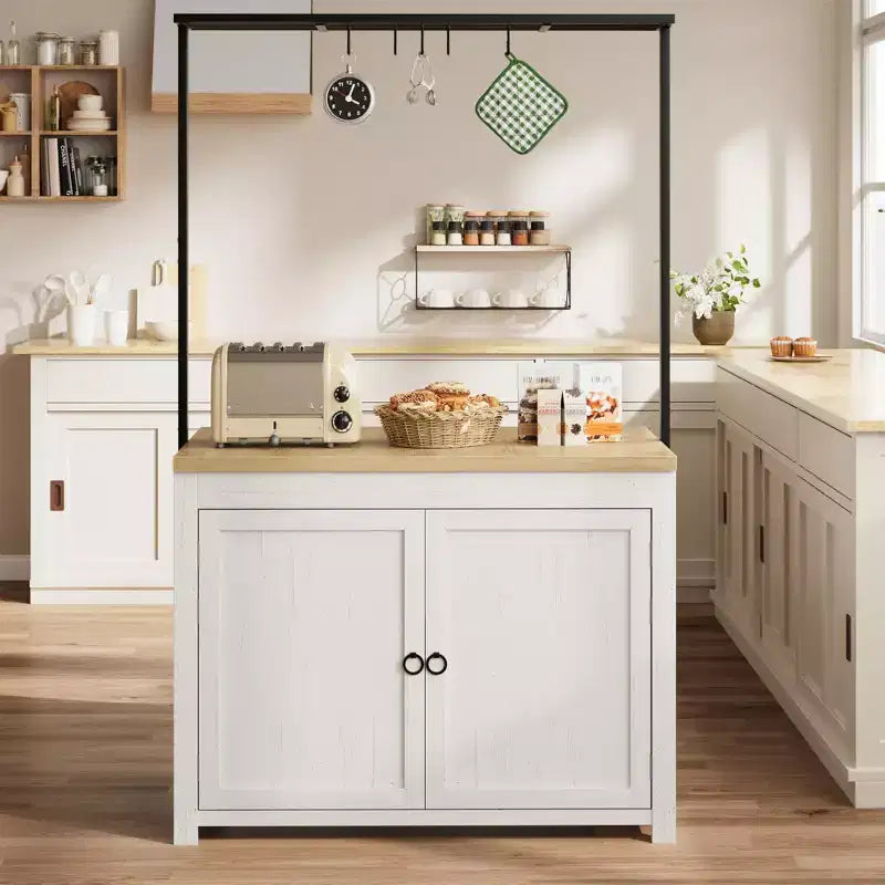Isola Cucina con Contenitore 106,68 cm - Carrello Cucina Resistente, Isola Cucina Mobile con 2 Ripiani e 5 Ganci, Piano di Lavoro in Legno Massello per Piccoli Spazi