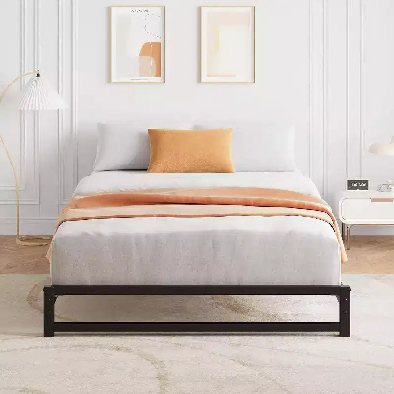 Bed Frame without Headboard, Metal Platform Bed Frame with 6 Under Bed Storage, Metal Slats Support, No Box Spring Needed, Easy Assemble