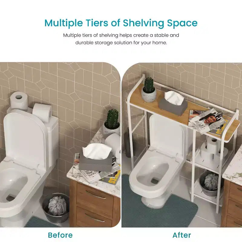 Home Zone Living Scaffale da Bagno Salvaspazio da Appoggio a 3 Ripiani Sopra il WC con Piano d'Appoggio in Bambù e Struttura in Acciaio, Finitura Bianca