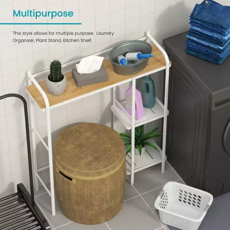 Home Zone Living Scaffale da Bagno Salvaspazio da Appoggio a 3 Ripiani Sopra il WC con Piano d'Appoggio in Bambù e Struttura in Acciaio, Finitura Bianca